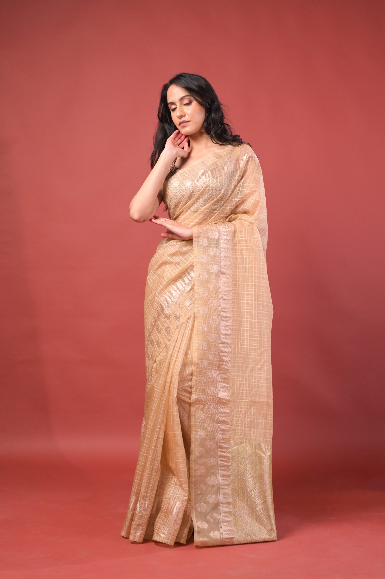 Elegant Check Pattern Sand Beige Banarasi Kora Saree with Blouse